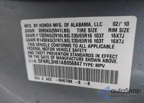 2010 Honda Odyssey Ex-L z USA, uszkodzony, nr VIN 5FNRL3H61AB056847